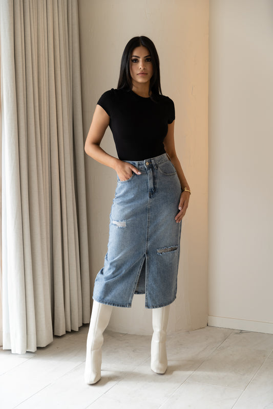 High Waist Split Denim Skirt