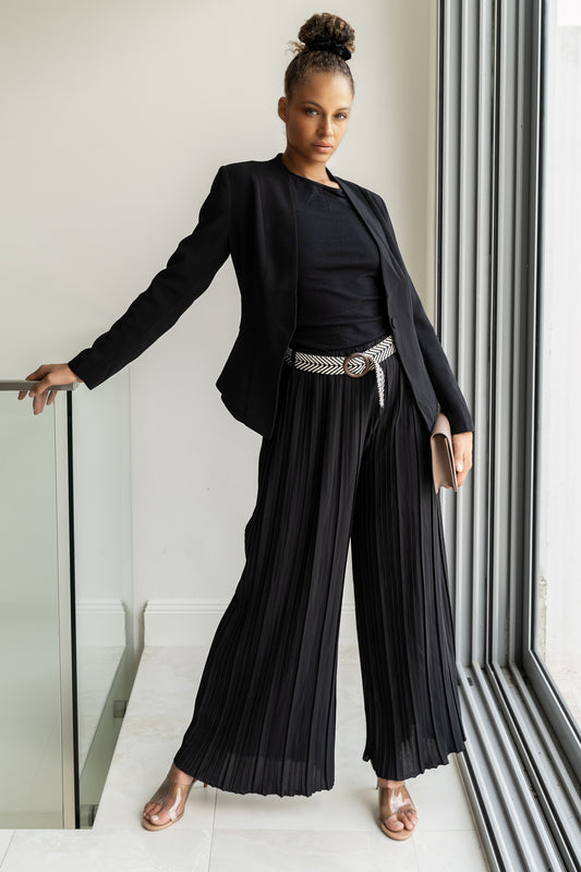 Wide Leg Pleated Pants - Black