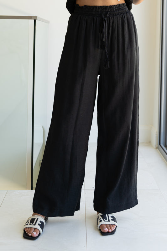 Linen Look Wide Leg Pants - Black